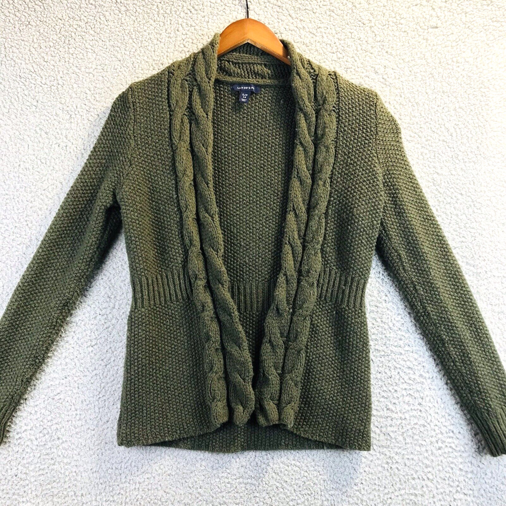 Lands End Womens Olive Cable Knit Long Sleeve Clasp Front Cardigan Sweater S 6-8